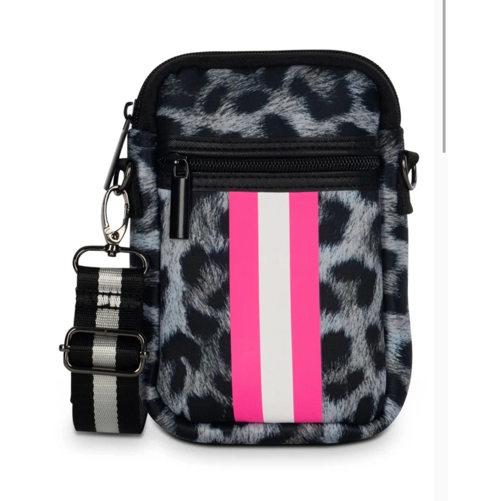 Haute Shore Casey Cellphone Crossbody Leopard Neoprene Pink Stripe Bag